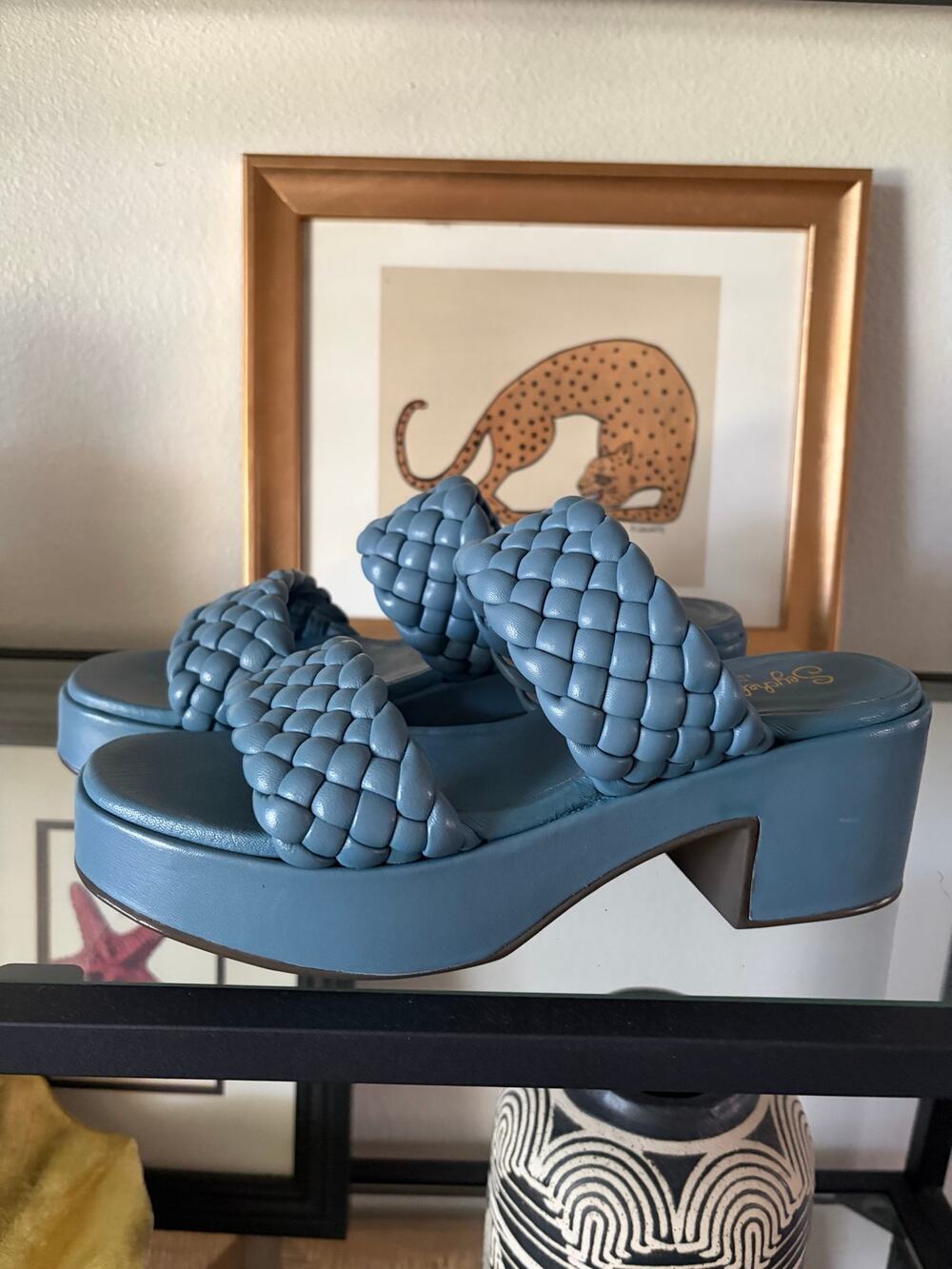Seychelles Novelty Platform Sandals Women 7 Blue Leather Braided Woven Slides